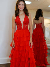 Halter Lace Appliques Chiffon Ruffle Prom Dress with Slit