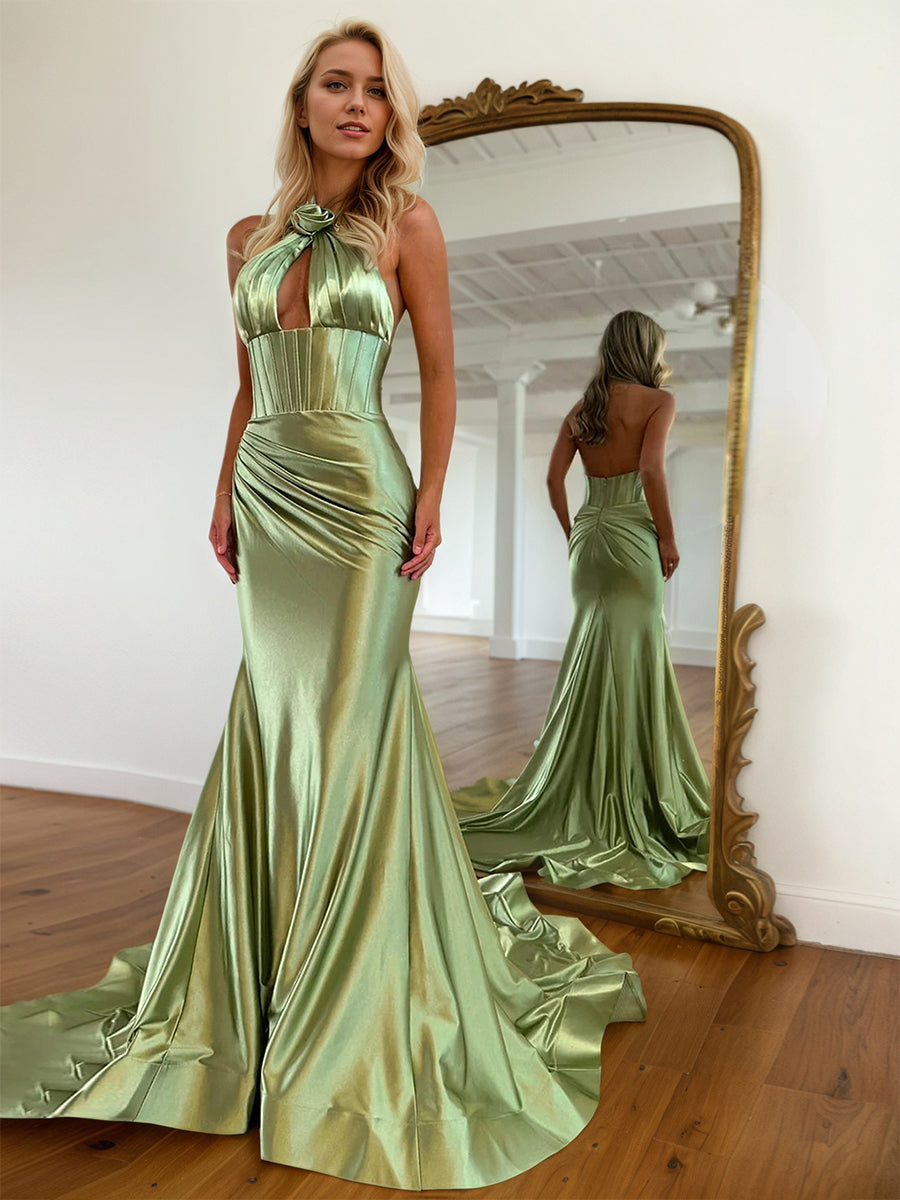 Halter Mermaid Satin Pleated Long Prom Dress