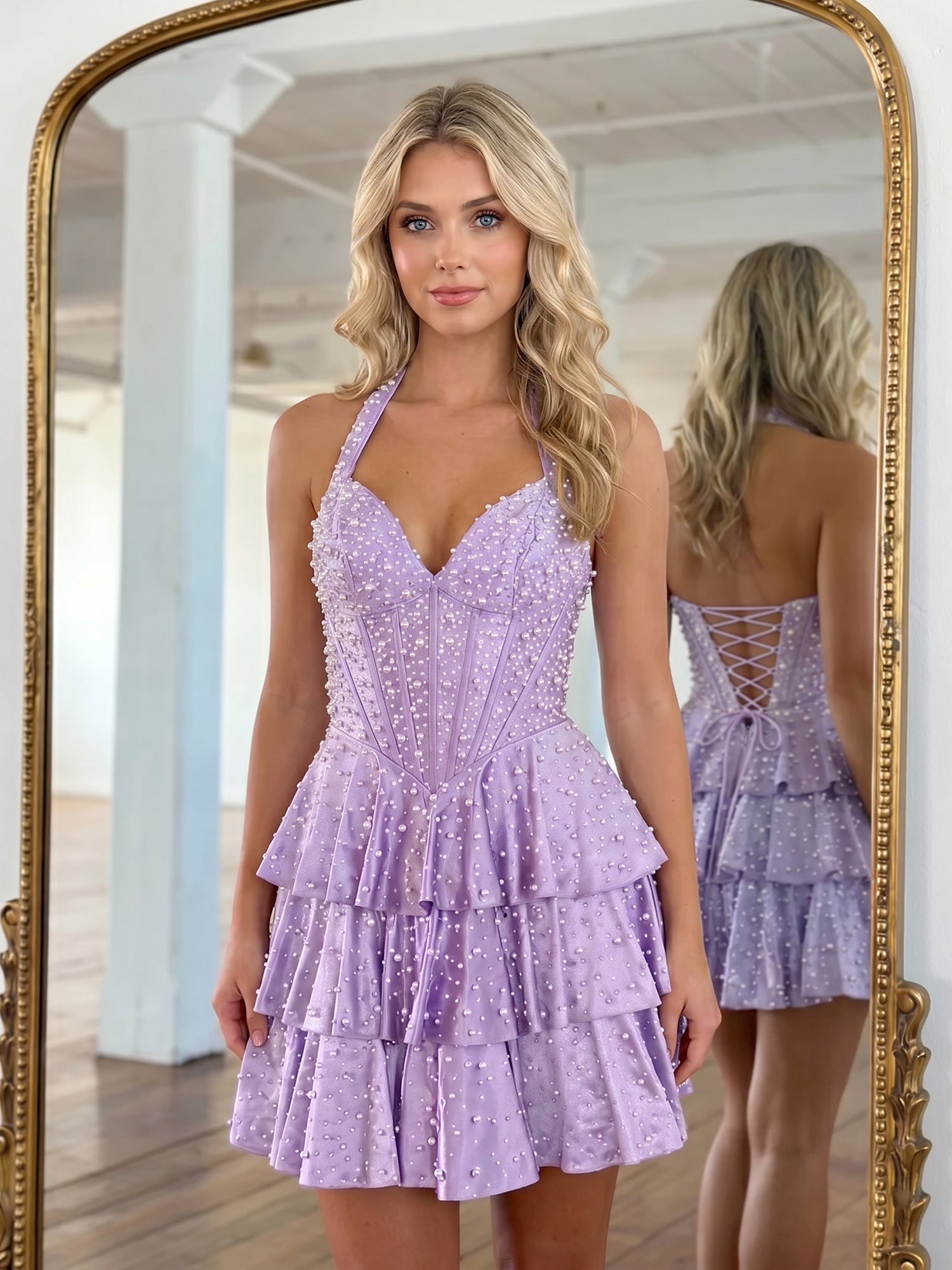 Halter Neck Pearl Beaded Tiered Short Homecoming Dresses