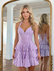 Halter Neck Pearl Beaded Tiered Short Homecoming Dresses