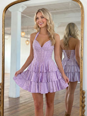 Halter Neck Pearl Beaded Tiered Short Homecoming Dresses