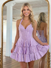 Halter Neck Pearl Beaded Tiered Short Homecoming Dresses