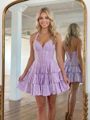 Halter Neck Pearl Beaded Tiered Short Homecoming Dresses