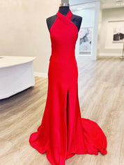 Halter Neck Satin Mermaid Long Prom Dress with Slit
