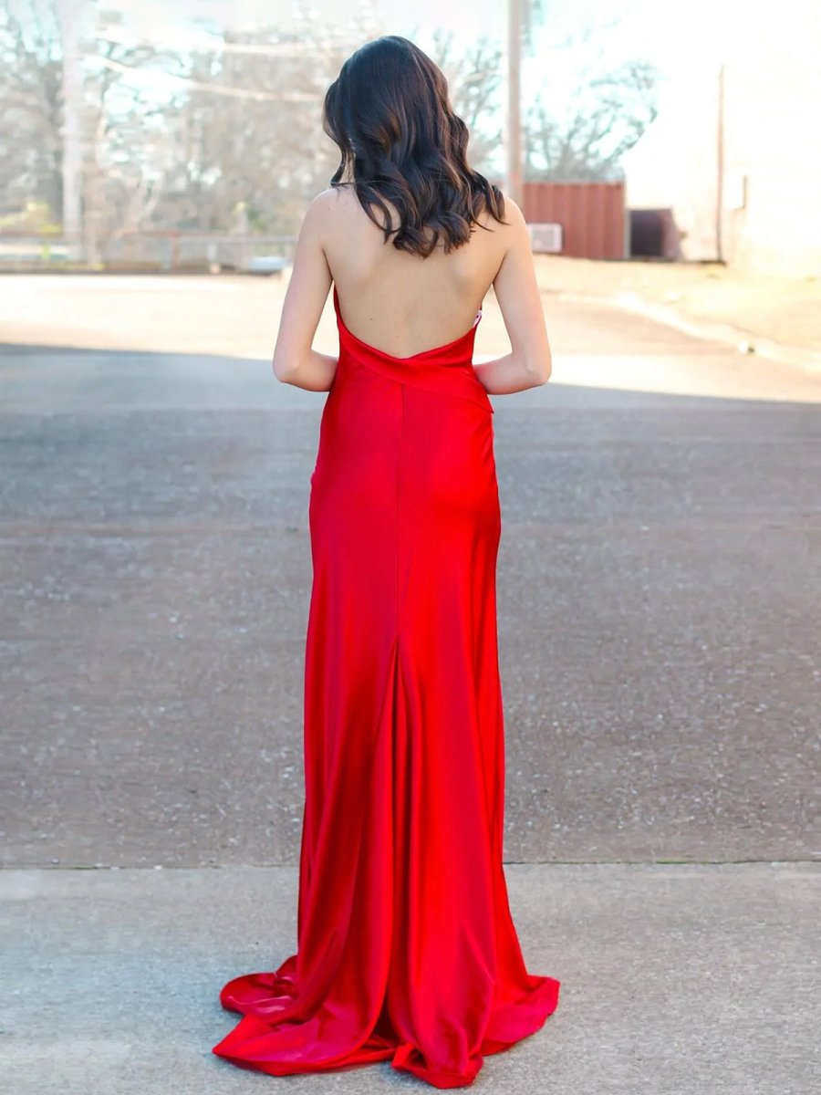 Halter Neck Satin Mermaid Long Prom Dress with Slit