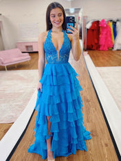 Halter Lace Appliques Chiffon Ruffle Prom Dress with Slit