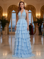 Halter Lace Appliques Chiffon Ruffle Prom Dress with Slit