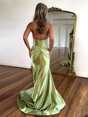 Halter Mermaid Satin Pleated Long Prom Dress