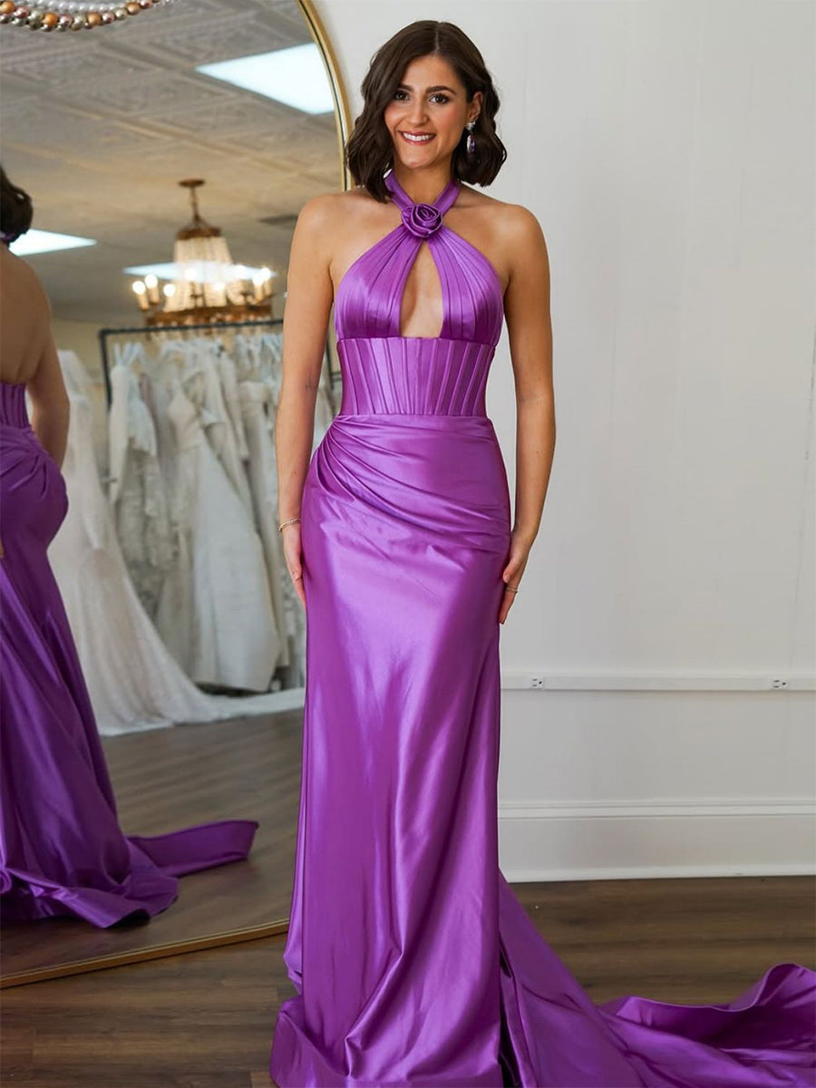 Halter Mermaid Satin Pleated Long Prom Dress