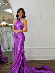 Halter Mermaid Satin Pleated Long Prom Dress