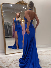 Halter Neck Mermaid Satin Long Corset Prom Dress with Applique