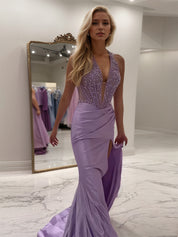 Halter Neck Mermaid Satin Long Corset Prom Dress with Applique