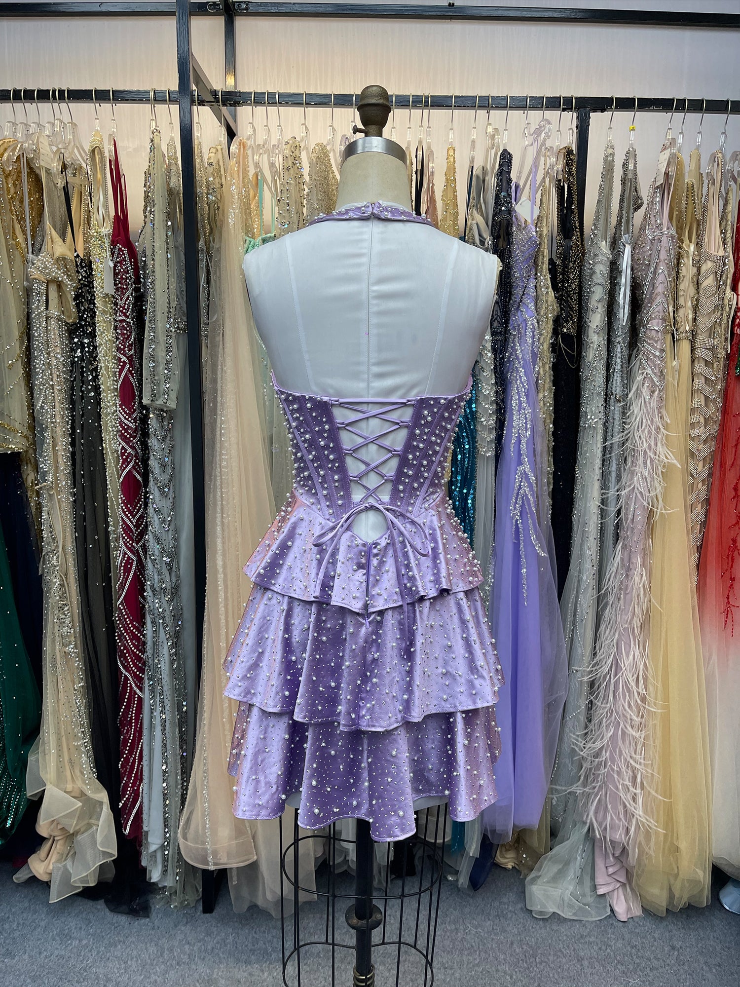 Lilac Sweetheart Beaded Corset Satin Short Homecoming Dresses with Slit
