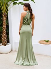 Halter Sheath Luxe Satin Maxi Dress Bridesmaid Dress