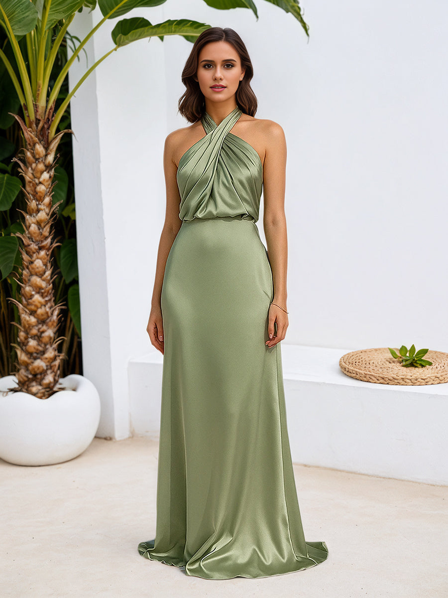 Halter Sheath Luxe Satin Maxi Dress Bridesmaid Dress