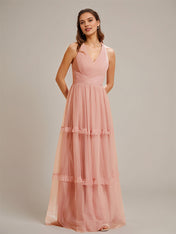 Dusty Rose V Neck Pleated Ruffle Floor-Length Tulle Bridesmaid Dress