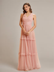 Dusty Rose V Neck Pleated Ruffle Floor-Length Tulle Bridesmaid Dress