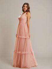 Dusty Rose V Neck Pleated Ruffle Floor-Length Tulle Bridesmaid Dress