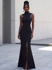 High-Neck Cross-Bodice Sleeveless Maxi Dress