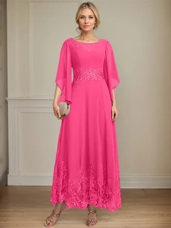 Robe de mère de la mariée trapèze en mousseline de soie et dentelle, longueur cheville, décolleté en V, illusion, avec paillettes 