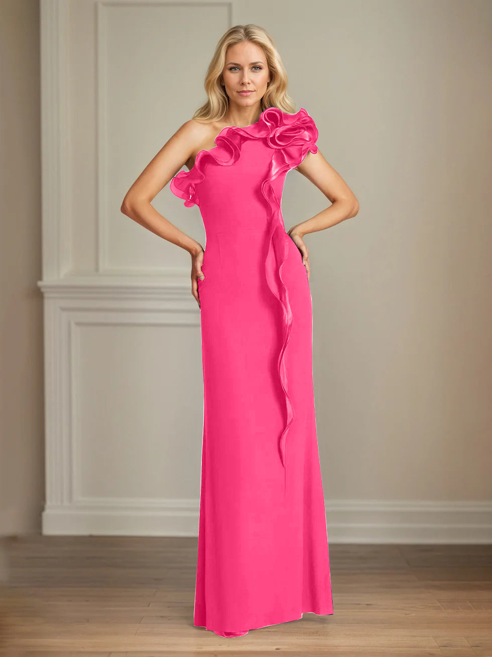 Column One Shoulder Floor Length Mother of the Bride Dresses With Ruffles