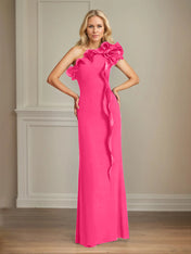 Navy Stretch Crepe Sheath/Column One Shoulder Floor Length Mother of the Bride Dresses With Ruffles