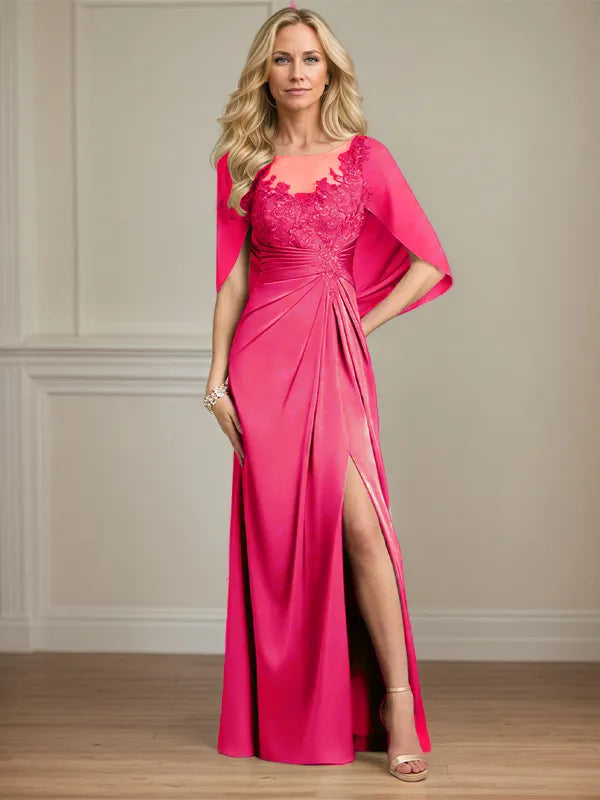 Column Satin Scoop Neck Cap Sleeves Floor Length Mother Of The Bride Dresses