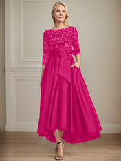 A-line Scoop Illusion Asymmetrical Satin Lace Mother of the Bride Dress With Bow