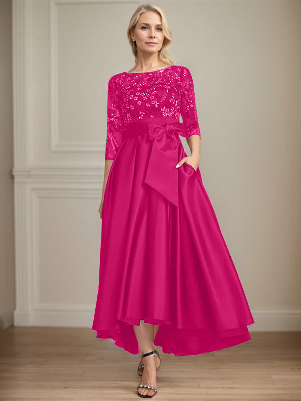 A-line Scoop Illusion Asymmetrical Satin Lace Mother of the Bride Dress With Bow