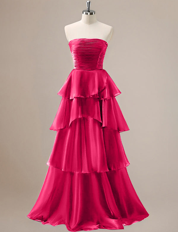 Red A Line Strapless Pleated Tiered Floor Length Ruffle Bridesmaid Dress