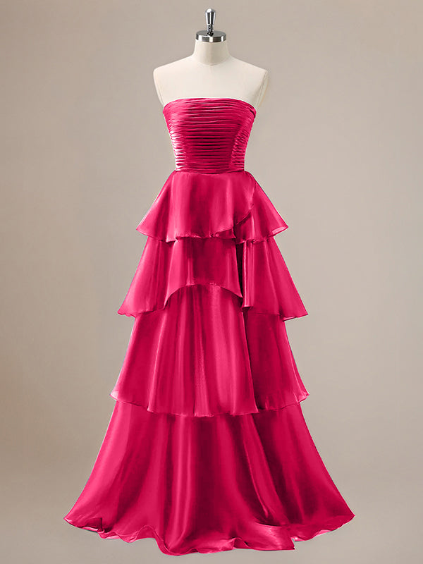 Red A Line Strapless Pleated Tiered Floor Length Ruffle Bridesmaid Dress