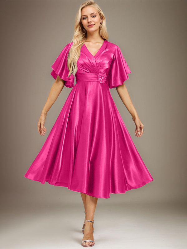 A-line V-Neck Tea-Length Stretch Satin Mother of the Bride Dress With Beading Pleated