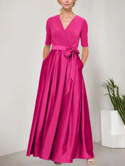 Surplice Neckline Ballgown with Full Satin Skirt & Jersey Bodice