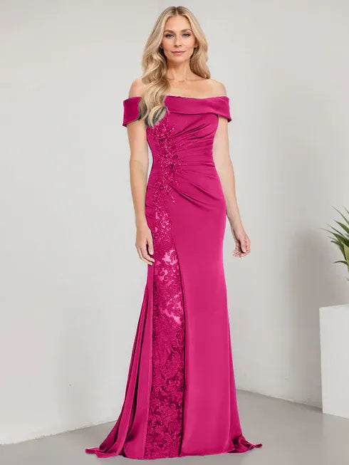 A-Line Off the Shoulder Floor-Length Mother of the Bride Dress Applique Beadings Mermaid Dress With  High Split