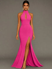Mermaid Halter Neck Satin Formal Dress with Slit