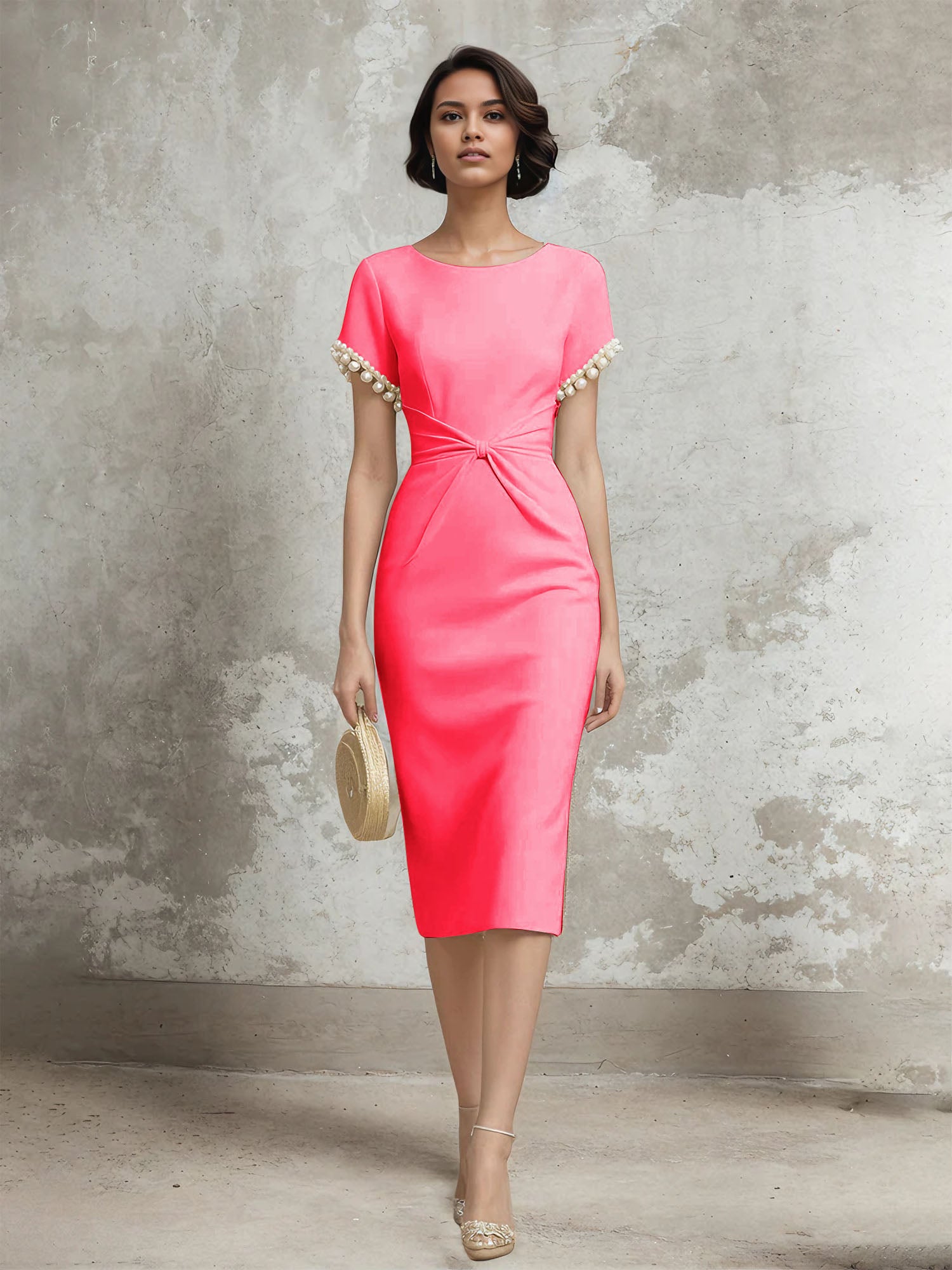 White Stretch Crepe Sheath/Column Short Sleeve Tea Length Dress With Pearls