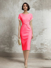 White Stretch Crepe Sheath/Column Short Sleeve Tea Length Dress With Pearls