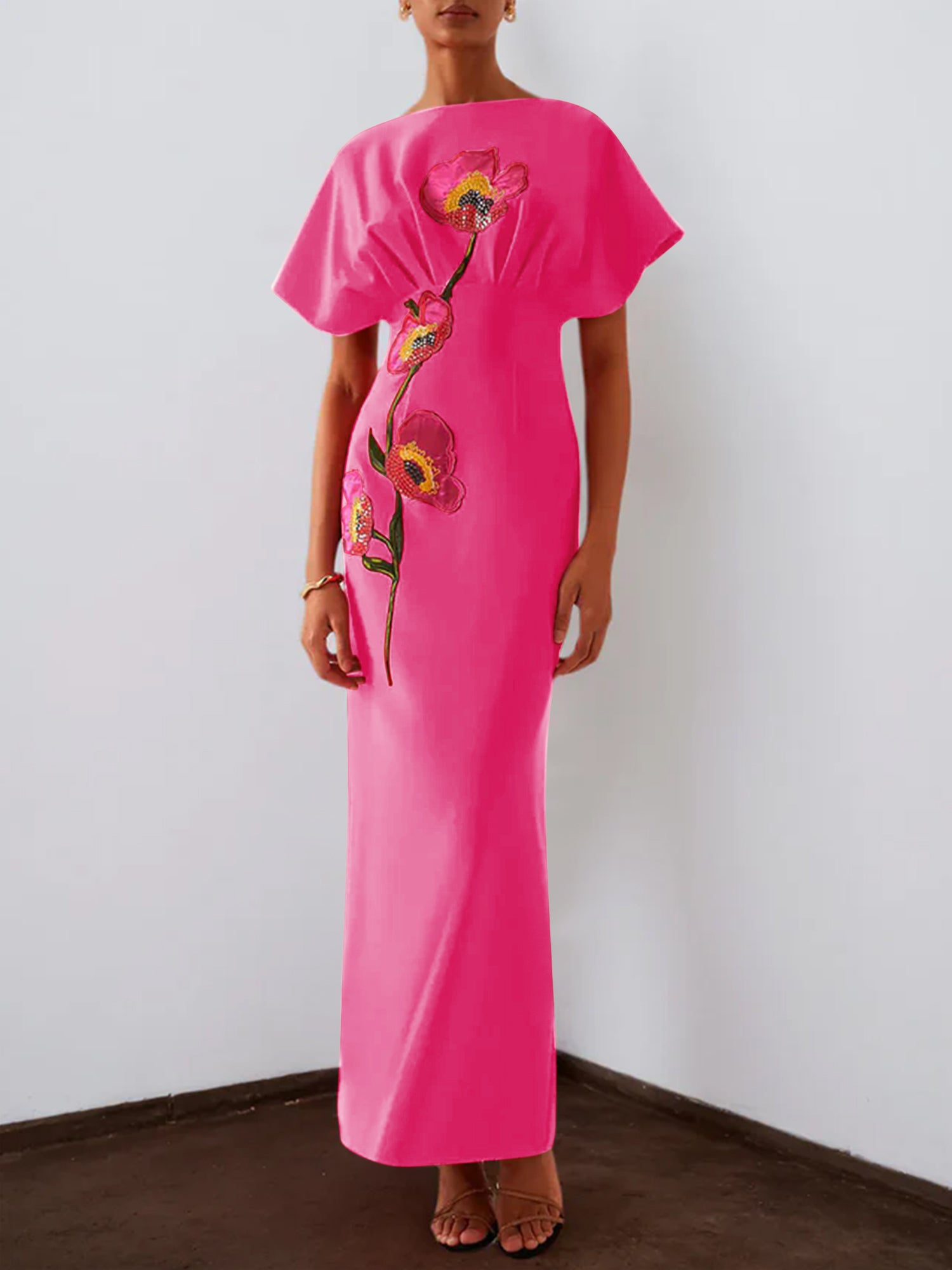 Red 3D Floral Appliqué Boat Neck Short Sleeve Backless Sheath Maxi Dress