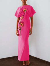 Red 3D Floral Appliqué Boat Neck Short Sleeve Backless Sheath Maxi Dress