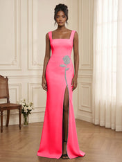 Formal Evening Dress Glamorous Black Square-Neck Crystal Rose Slit Gown
