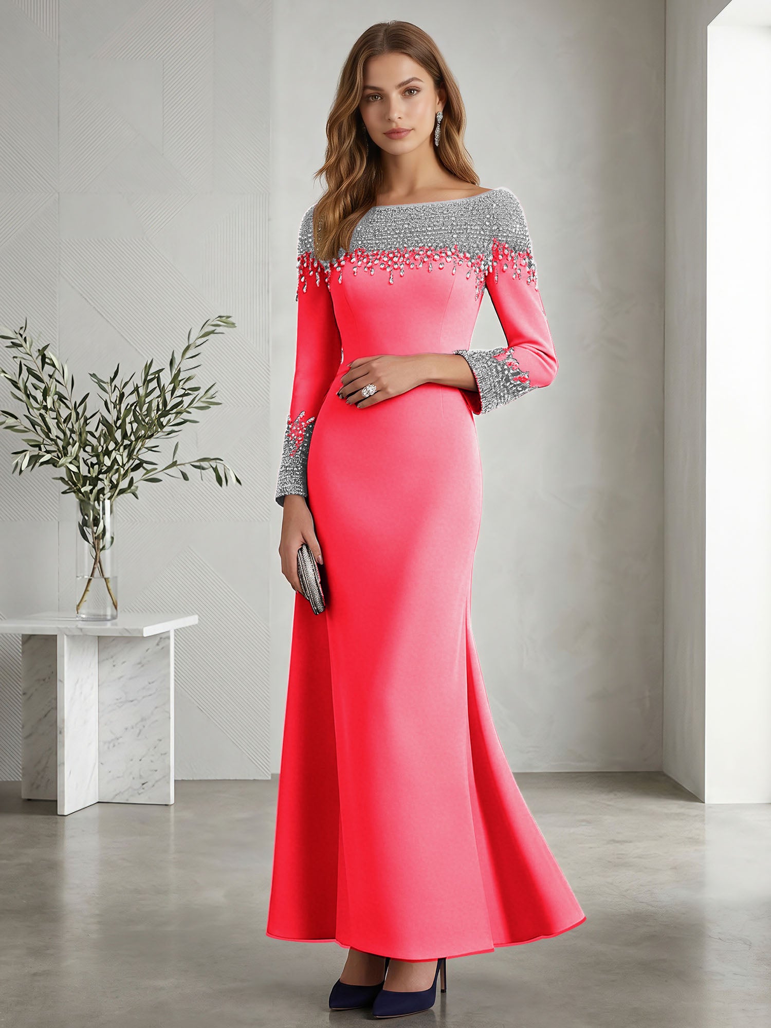 Formal Evening Dress Midnight Navy Velvet Long Sleeves Maxi Dress with Crystal