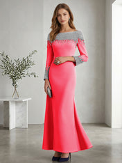 Formal Evening Dress Midnight Navy Velvet Long Sleeves Maxi Dress with Crystal