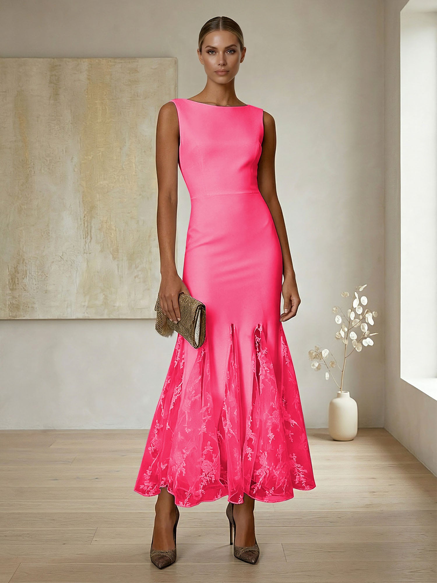 Elegant Formal Evening Gown Lilac Sleeveless Midi Dress with Embroidered Lace Godets