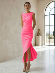 Elegant Formal Evening Gown Butter Yellow Ruched Asymmetrical Midi Dress
