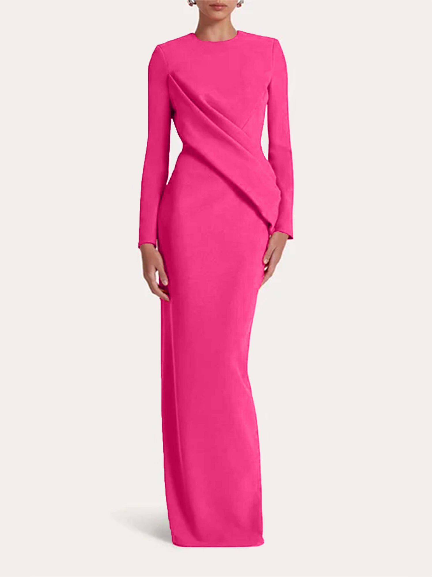 Red Sheath/Column Scoop Long Sleeves Chiffon Floor-Length Ruffles Formal Dress