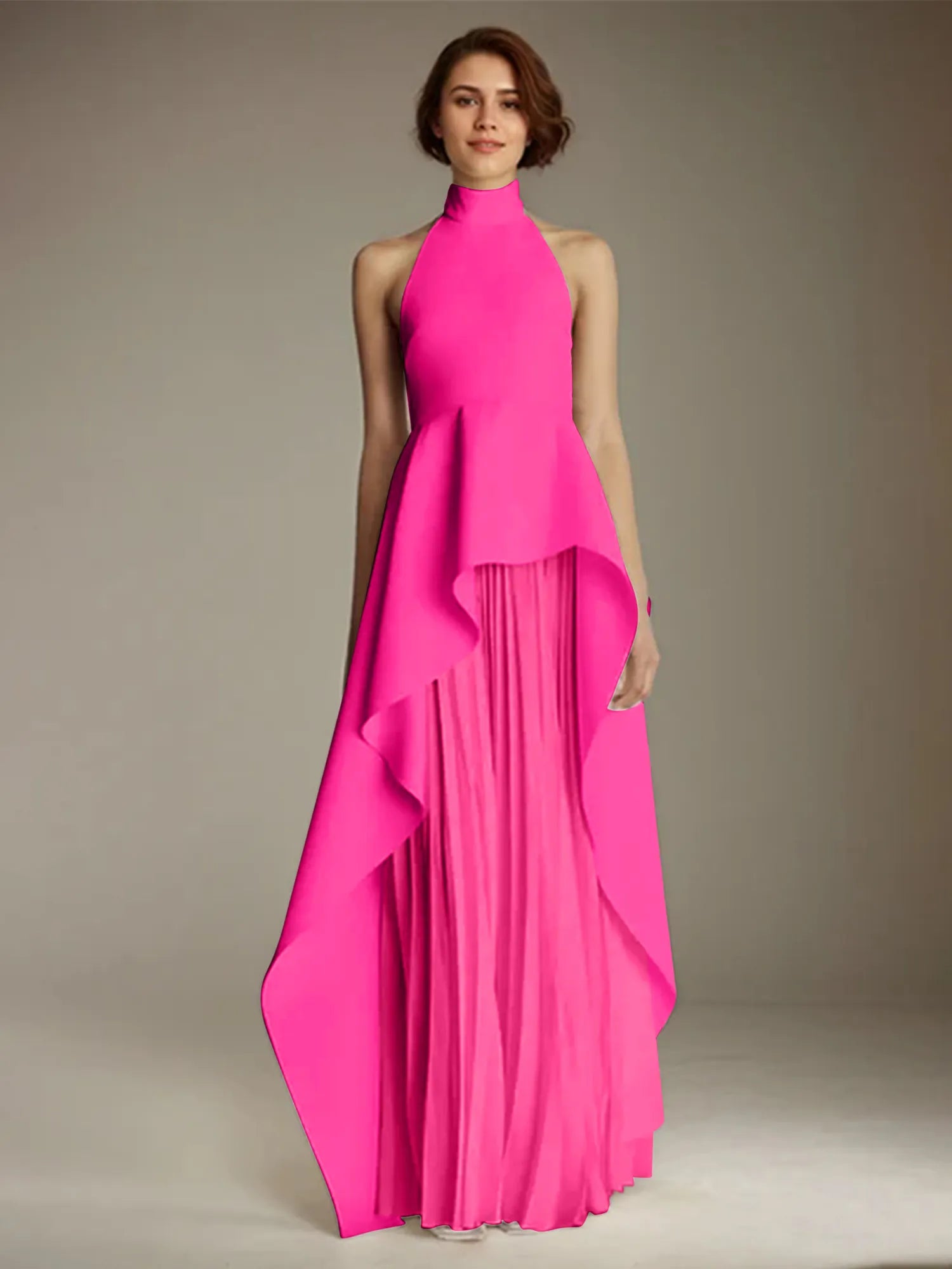 White Sleeveless High Neck Chiffon Long Formal Dress With Ruffles