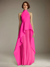 White Sleeveless High Neck Chiffon Long Formal Dress With Ruffles