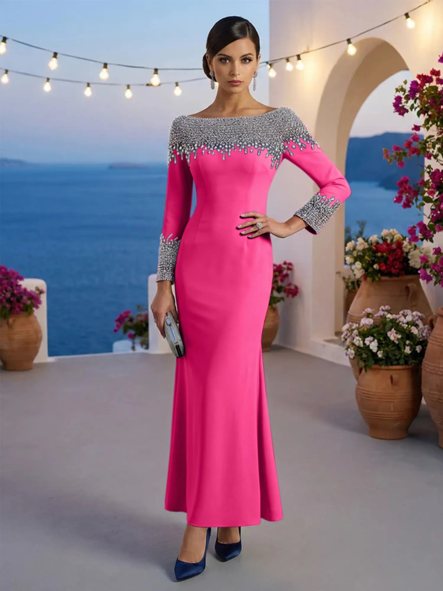 Formal Evening Dress Blue Velvet Long Sleeves Maxi Dress with Crystal