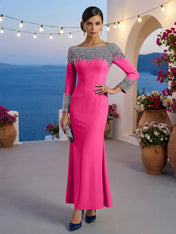 Formal Evening Dress Blue Velvet Long Sleeves Maxi Dress with Crystal