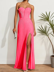 Pleated Classic Strapless Sleeveless A-Line Maxi Dress